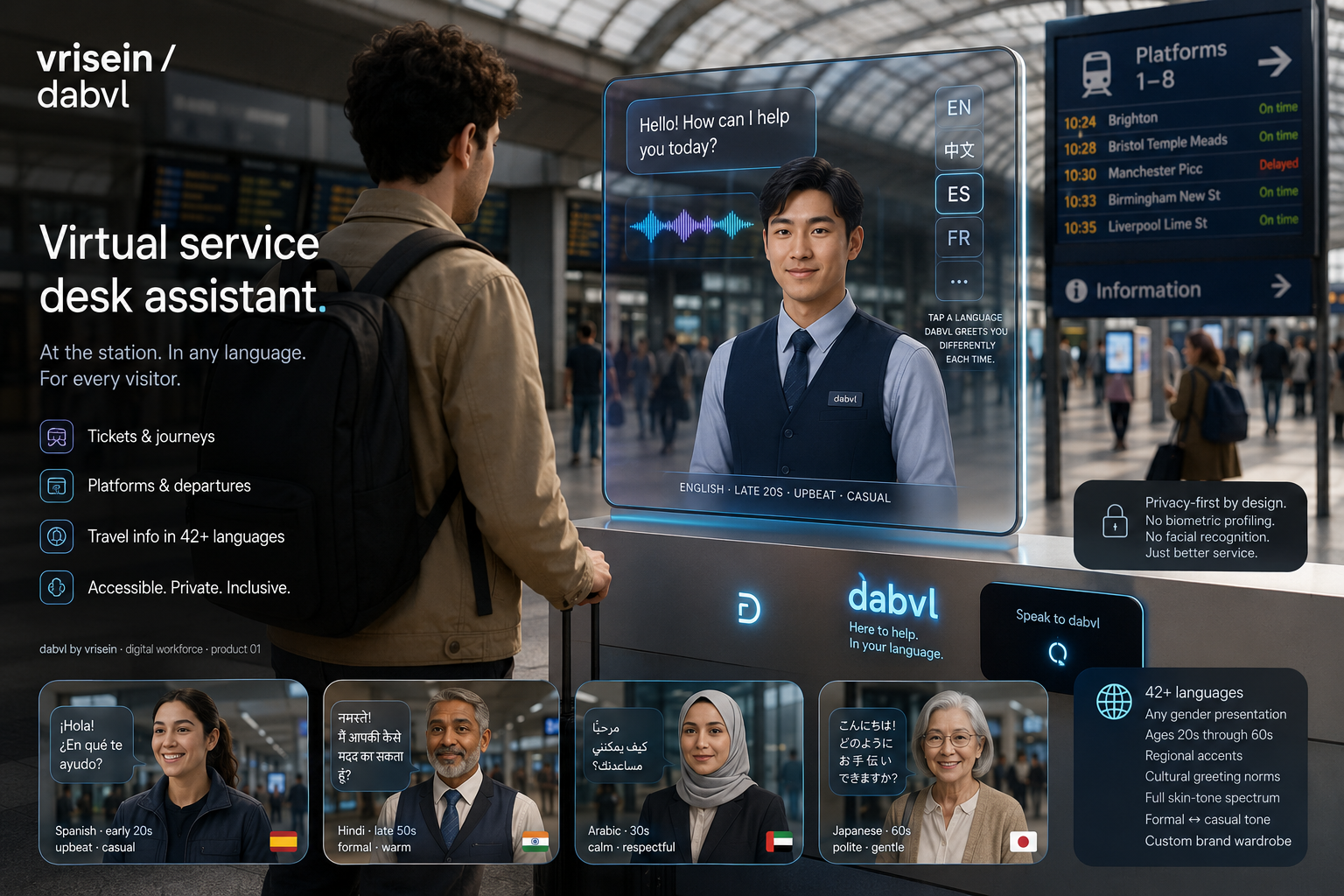 Concept visualization of dabvl deployed as a station kiosk, showing a traveller approaching a transparent display with a virtual attendant offering help in English, Chinese, Spanish and French, alongside sample greetings in Spanish, Hindi, Arabic and Japanese.